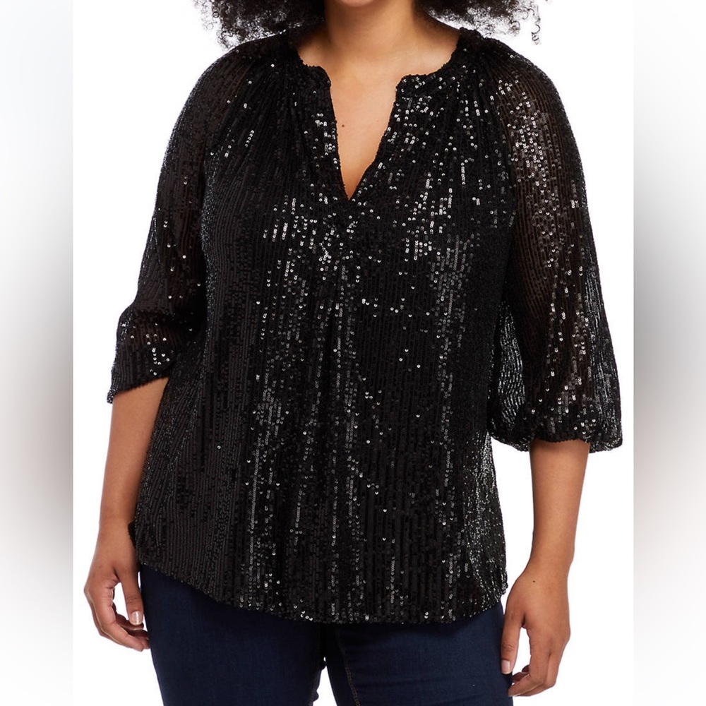 Crown & Ivy Plus Size Blouson Sleeve Split Neck Sequin Top Black NWT